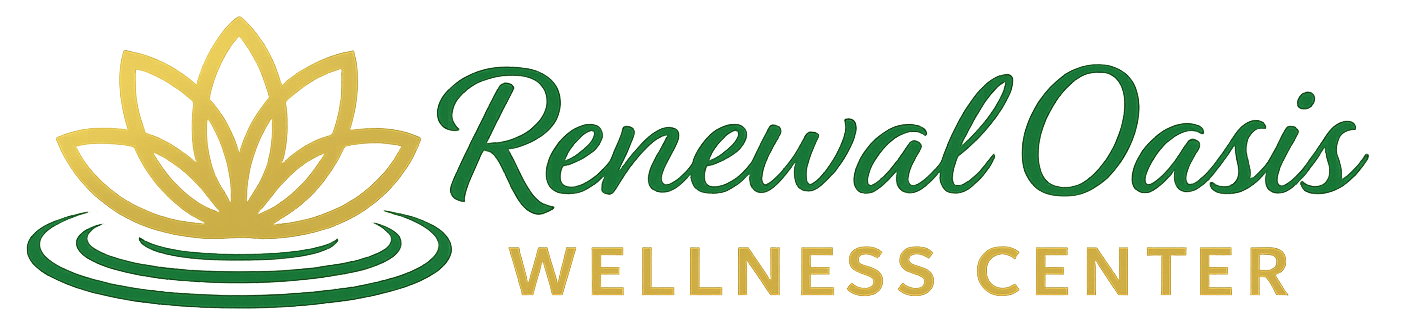 Logo in green and gold for Renewal Oasis Wellness Center