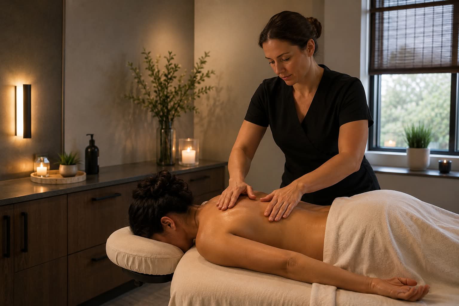 Woman receiving a relaxing massage in spa setting.