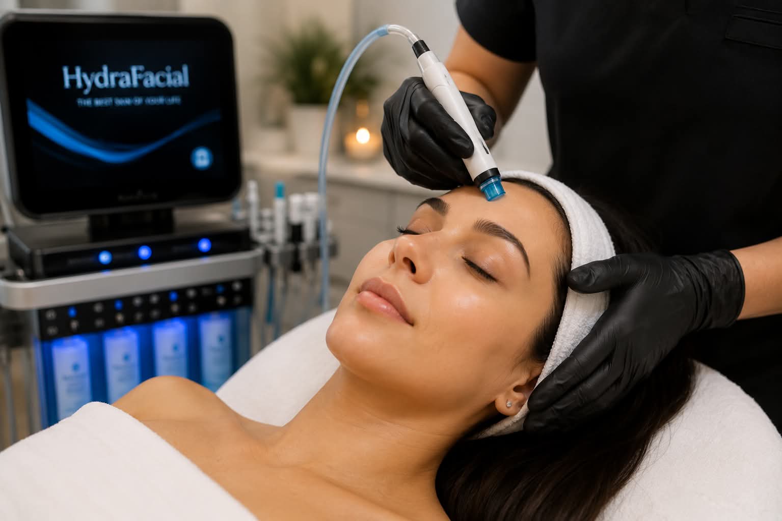 Woman receiving HydraFacial treatment in spa.